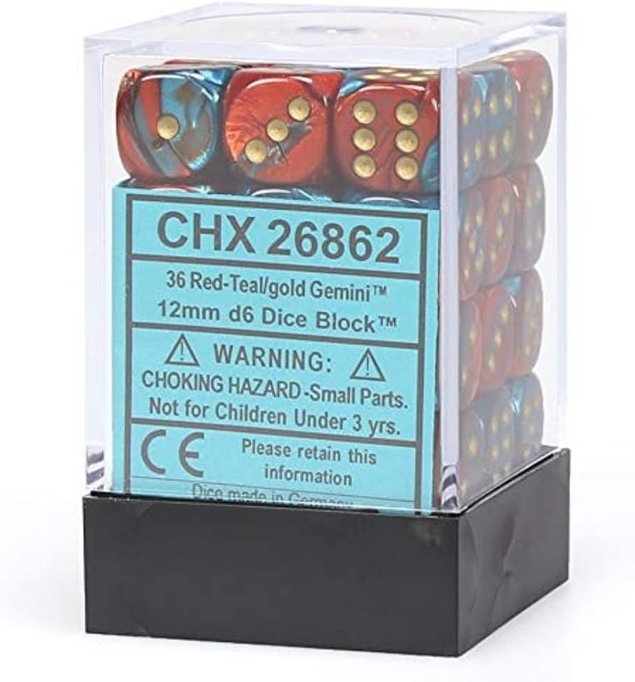 Set de dados CHESSEX | 36 unidades 12mm color Rojo-teal / oro