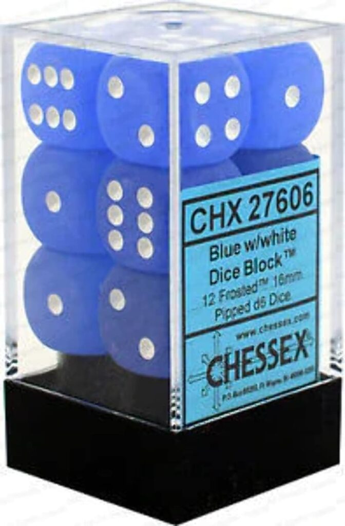Set de dados CHESSEX | 12 unidades 16mm color Azul translucido / blanco