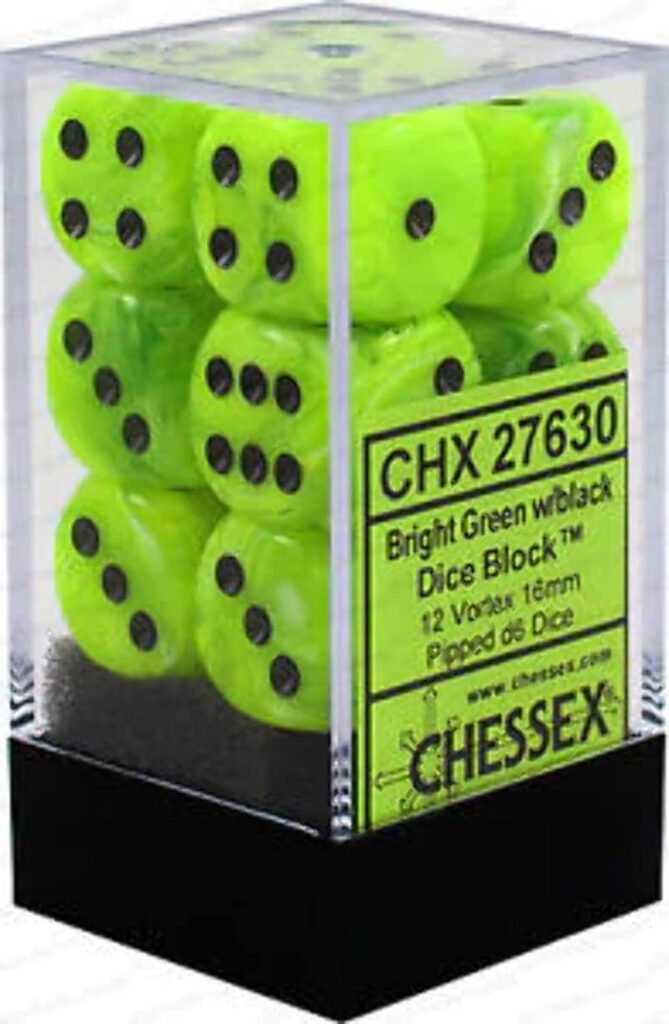 Set de dados CHESSEX | 12 unidades 16mm color Verde brillante / negro