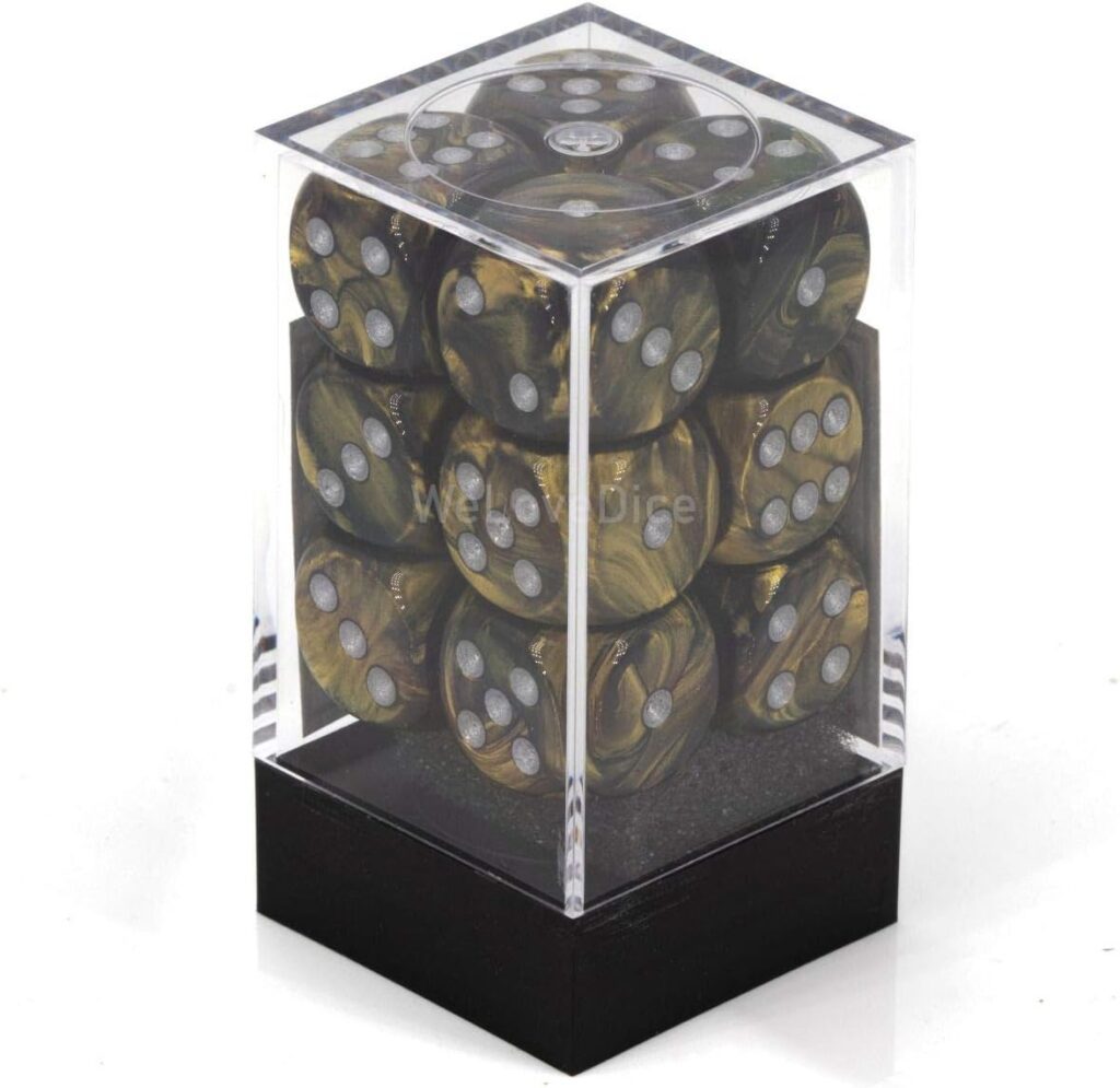 Set de dados CHESSEX | 12 unidades 16mm color Negro-oro / plata