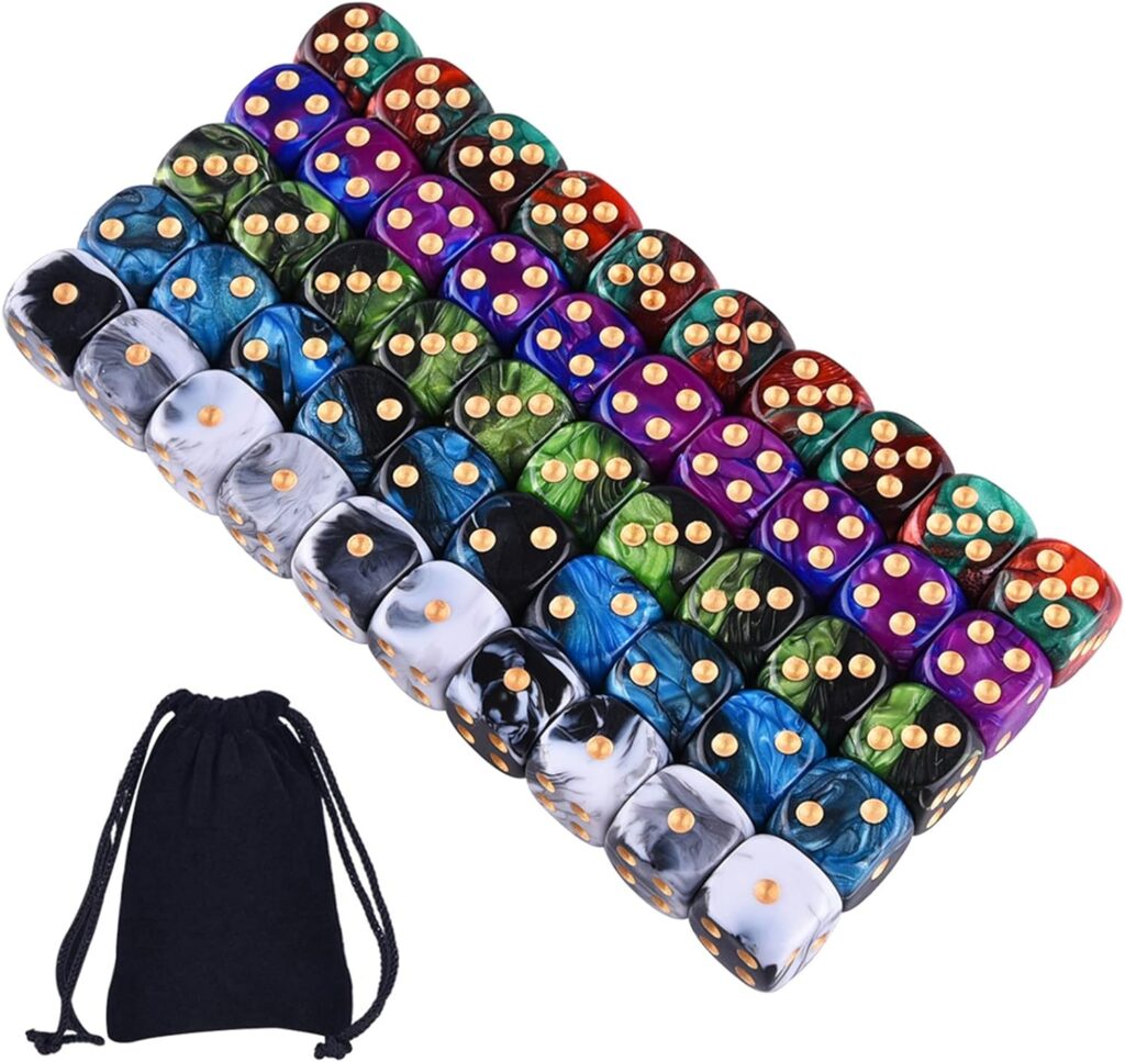 Set de Dados de 6 caras de 16mm | 50 unidades de 5 colores marmol