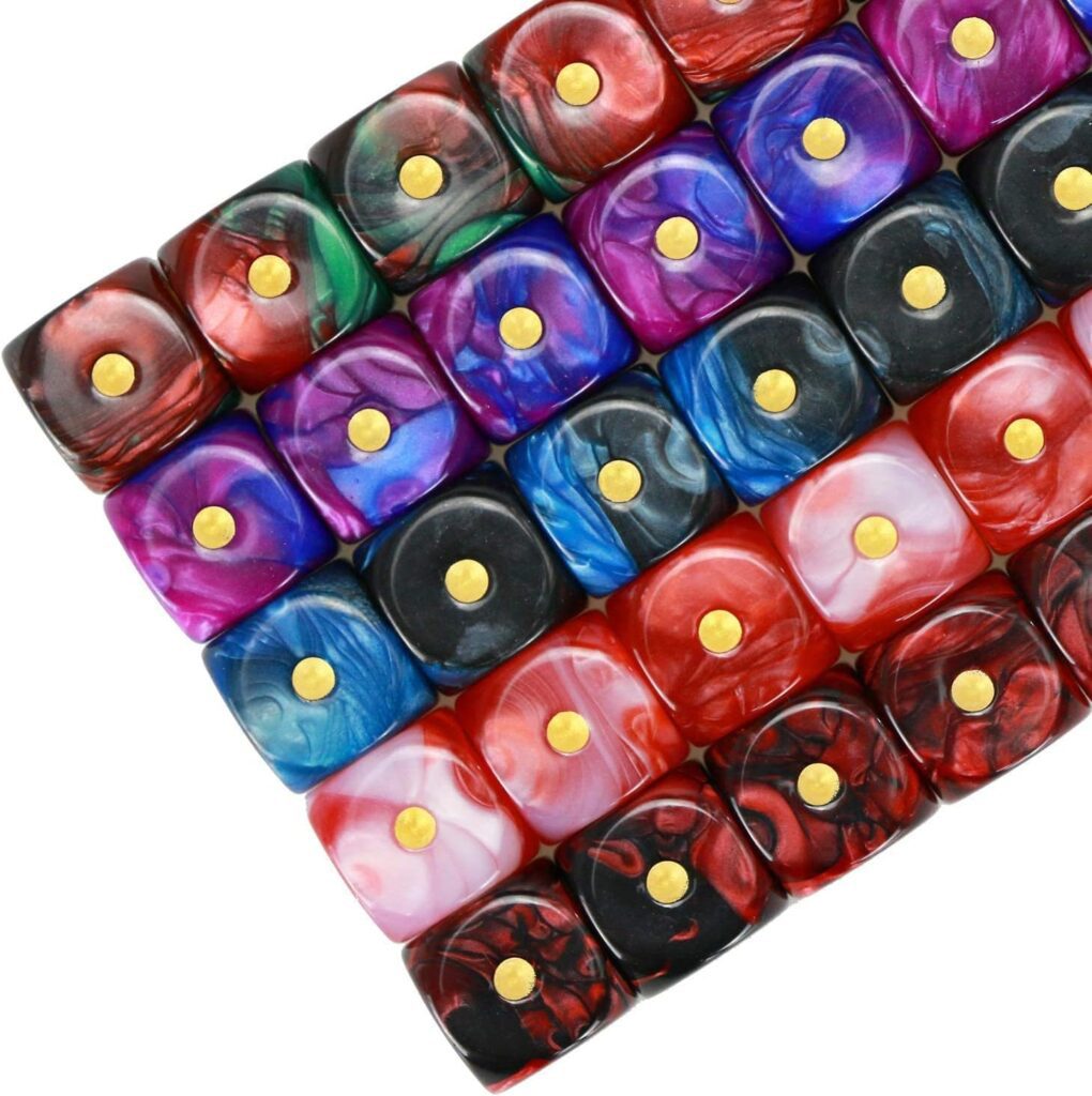 Set de Dados de 6 caras de 16mm | 50 unidades de 5 colores mármol y oro