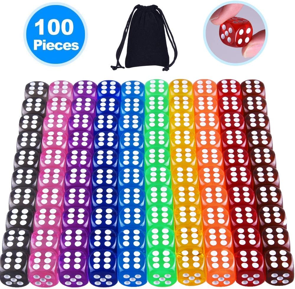 Set de Dados de 6 caras acrílico de 16mm - 10 colores + bolsa