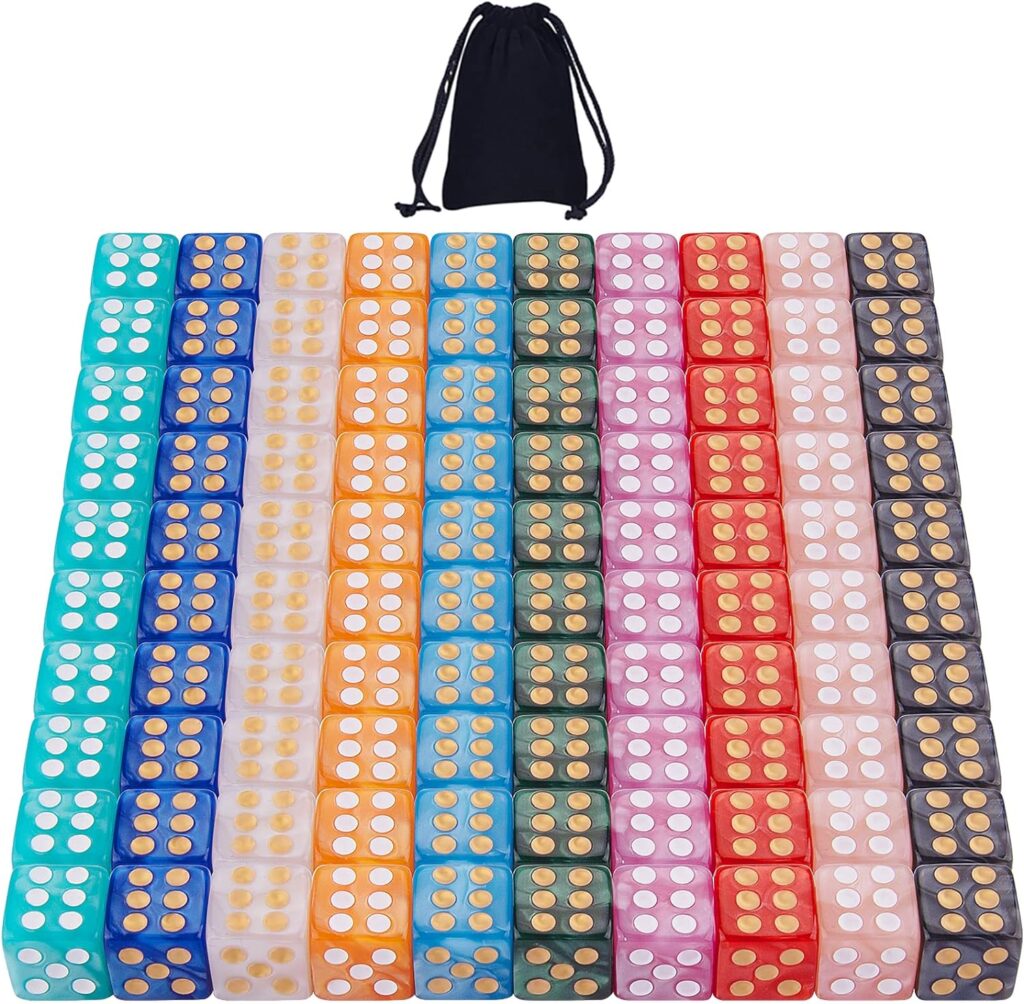 Set de Dados de 6 caras de 12mm | 100 unidades de 10 colores translucidos