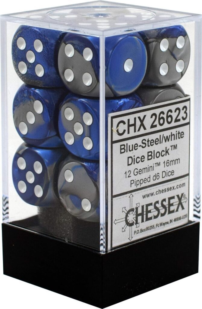 Set de dados CHESSEX | 12 unidades 16mm color Azul-acero / blanco
