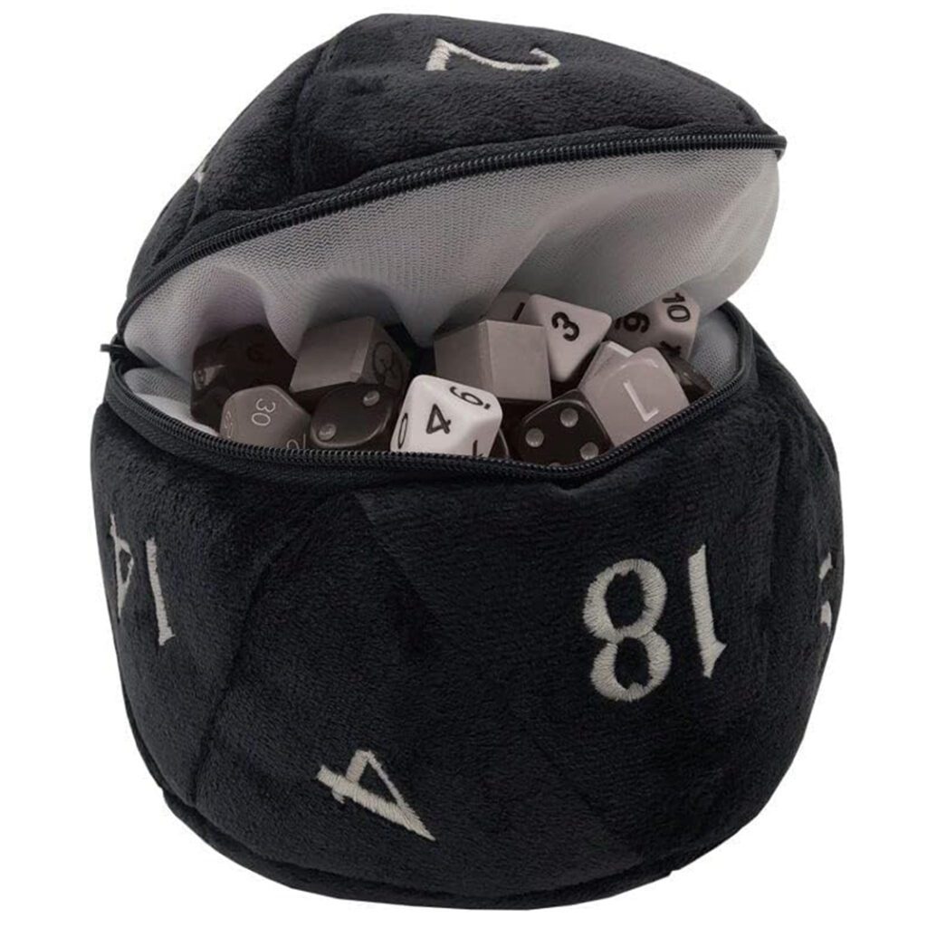Bolsa de peluche negra para dados con forma de Icosaedro D20