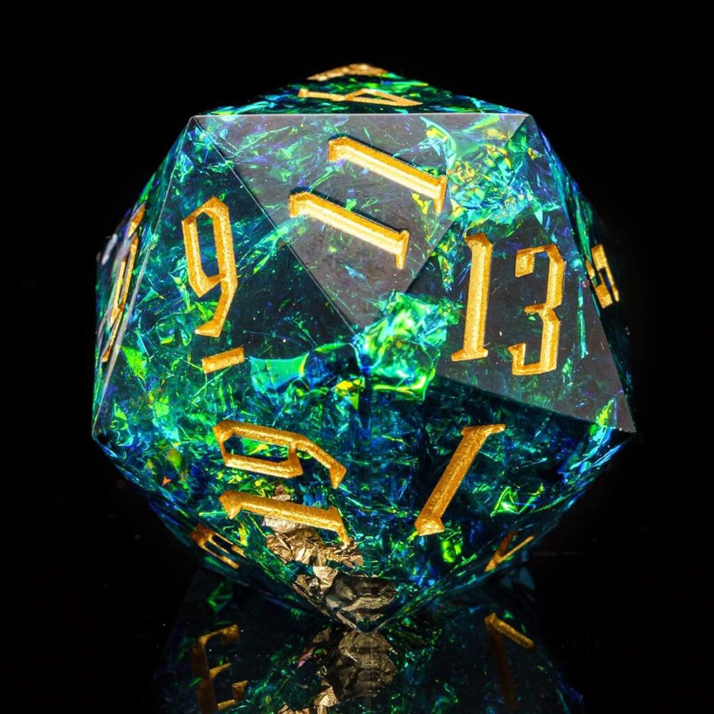 Dado D20 caras translucido de 33mm con borde afilado