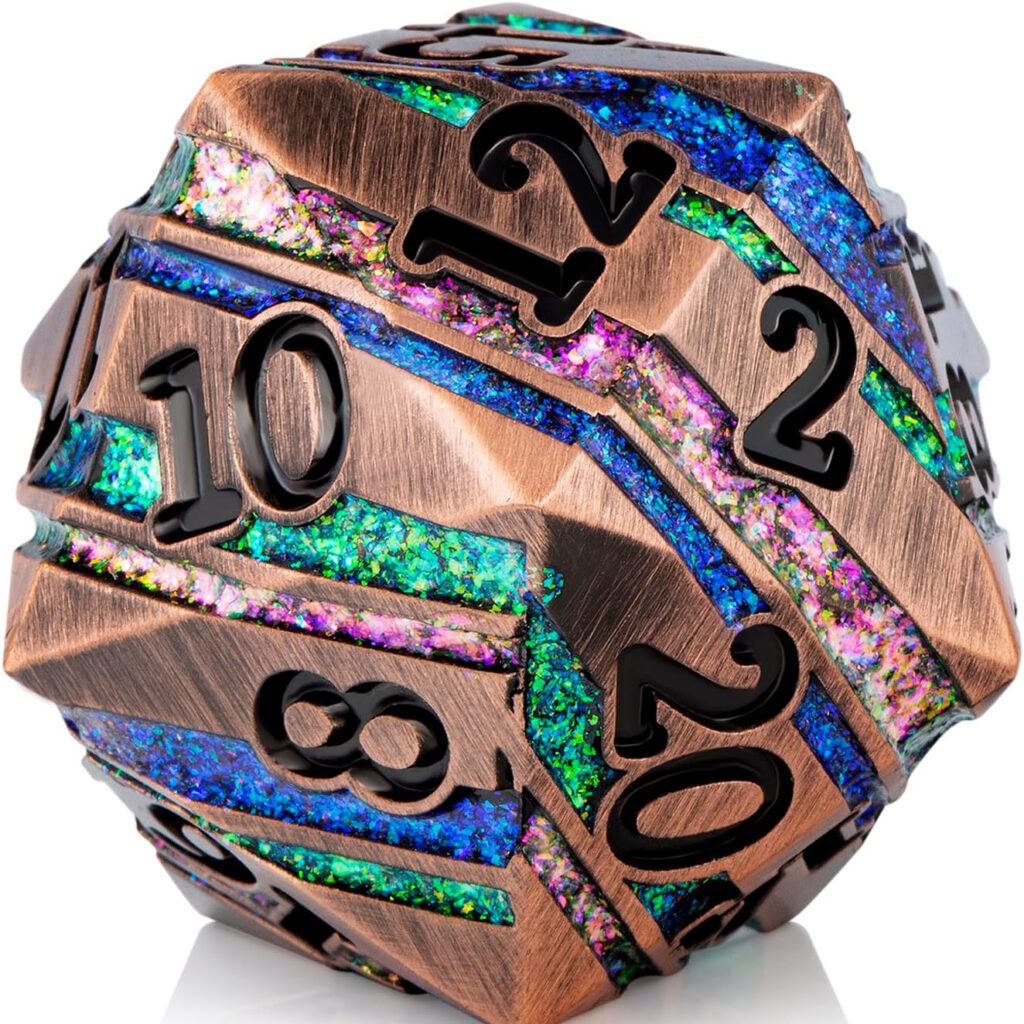 Dado D20 de 33mm de troquel metálico grande - color bronze y multicolor