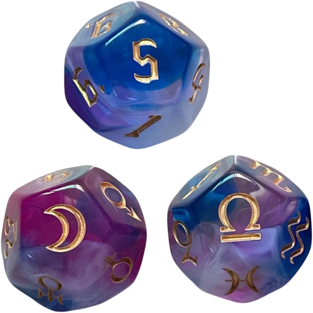 Juego de 3 dados de astrología D12 caras de constelaciones oro- violeta y azul