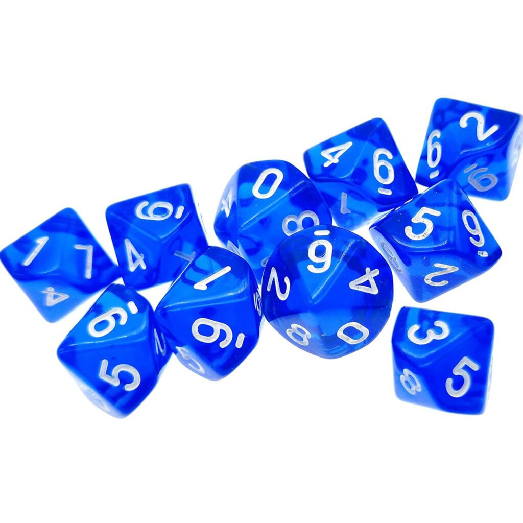 Set de 10 dados D10 de 20mm - color azul semitranslucido