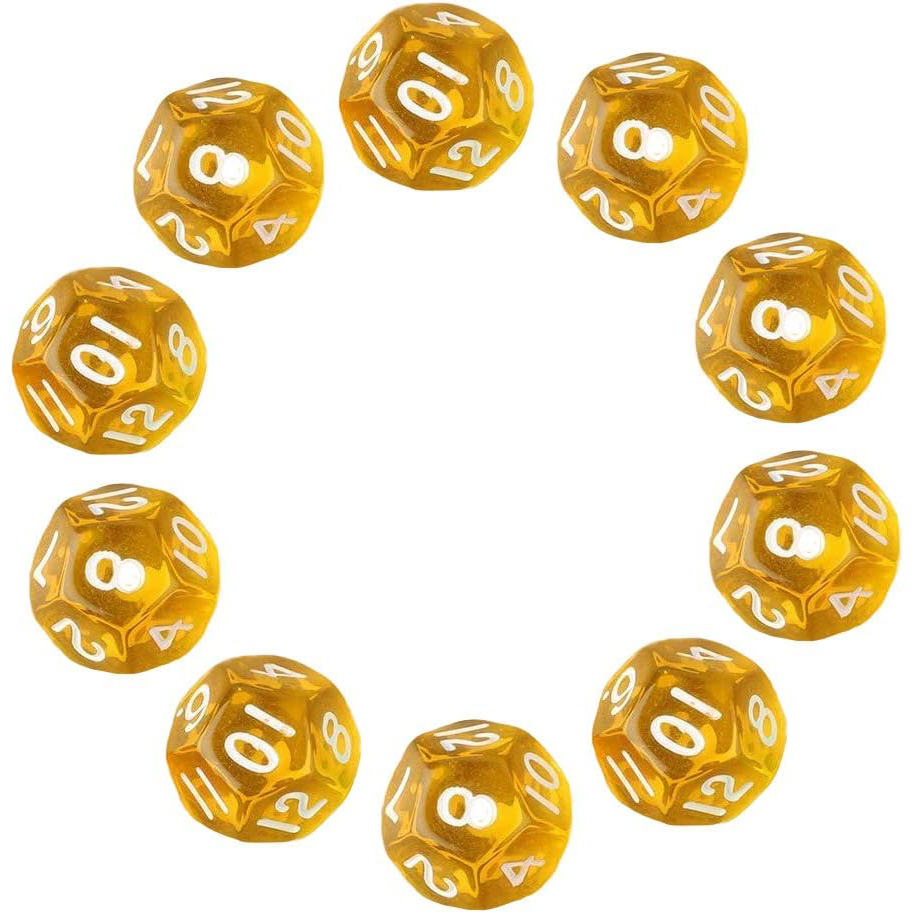 Set de 10 dados acrílicos D12 caras - color amarillo semitransparente