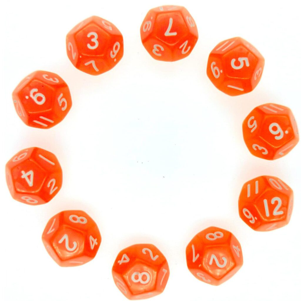 Set de 10 dados acrilicos D12 caras color naranja translucido