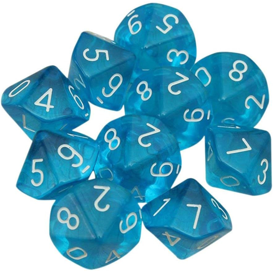 Set de 10 dados acrílicos de 10 caras - color azul semitranslúcido
