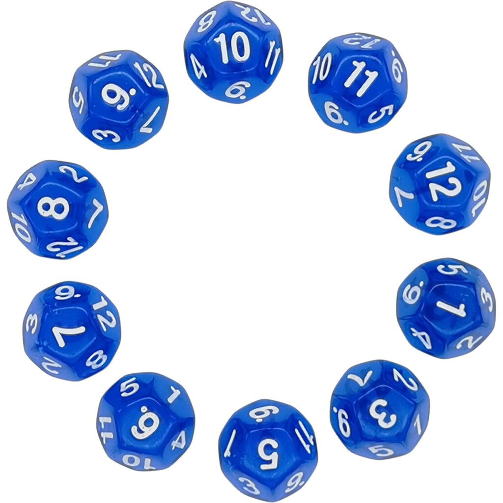 Set de 10 dados acrílicos de doce lados - Azul translucido