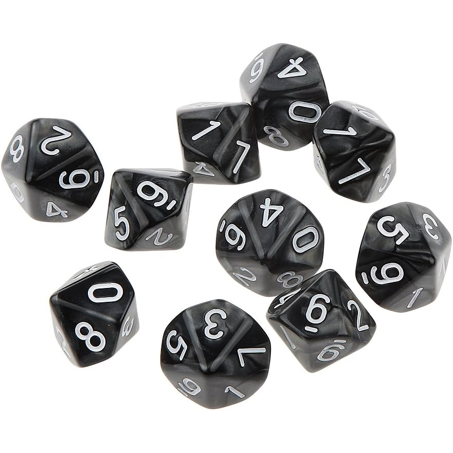 Set de 10 dados de 10 caras para juegos RPG y DND - mármol negro