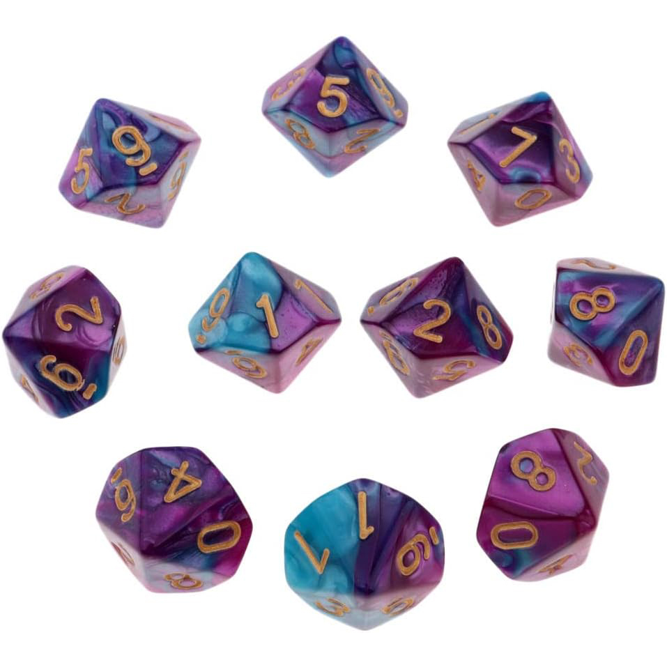 Set de 10 dados de diez lados - púrpura y azul