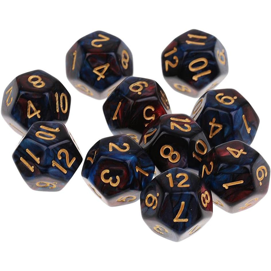 Set de 10 poliédros D12 caras - mármol oscuro rojo y azul