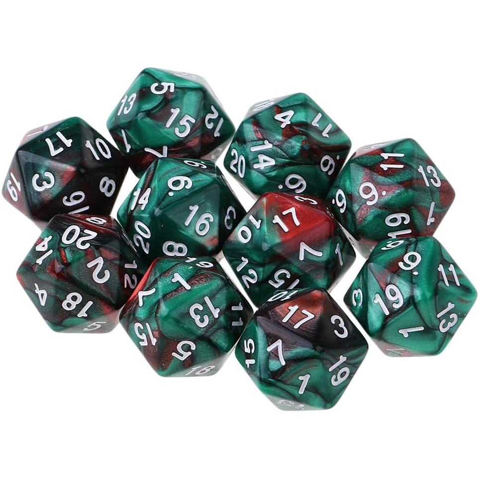 Set de 10 poliédros D20 caras - mármol negro rojo y verde