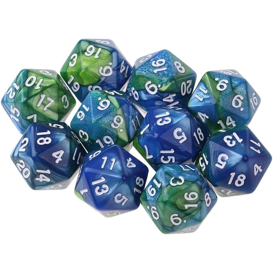 Set de 10 poliédros D20 caras - mármol verde y azul